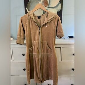 Vintage Guess Jeans Velour Hoodie Dress Beige M Y2K Zip Up Short Sleeve Logo